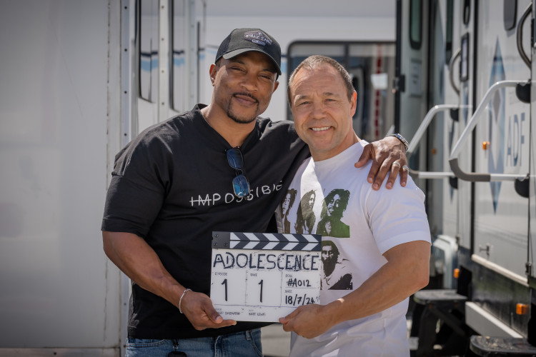 Adolescence*. (L to R) Ashley Walters, Stephen Graham on the set of Adolescence. Cr. Courtesy of Netflix/Ben Blackall © 2024 *working title